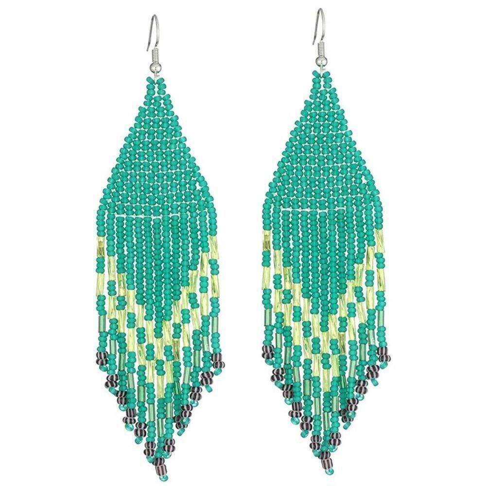 Green Bohemian Seed Bead Tassel Dangling Statement French Wire Hook Earrings